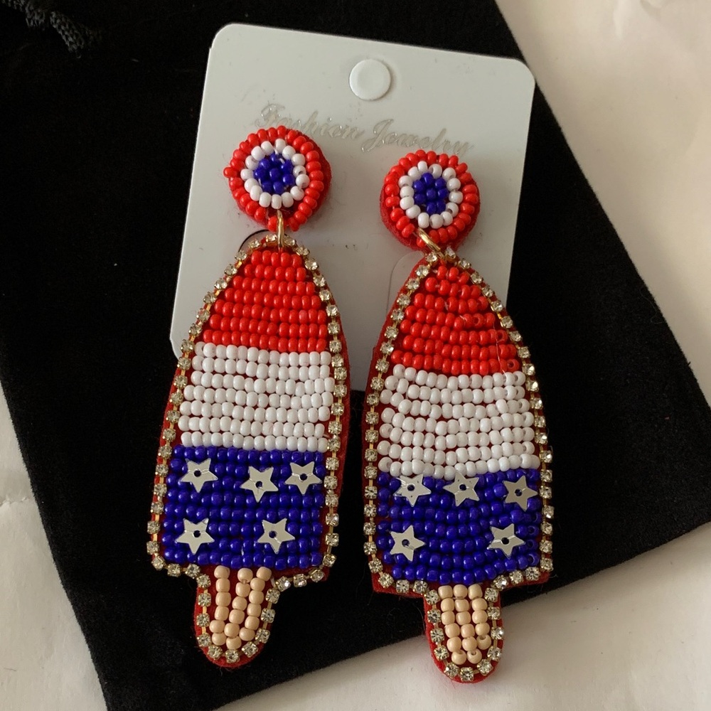 Red White and Blue Beaded Popsicle Earrings